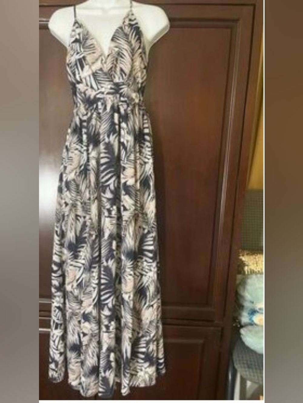 Sleeveless Navy and Cream Tropical Print Maxi Dress